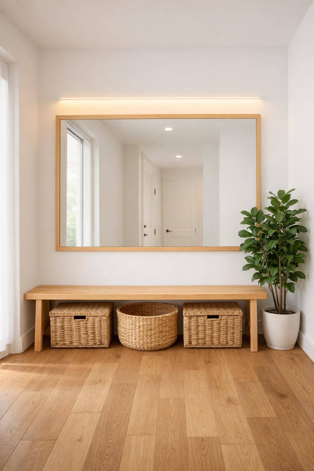 Ideen für Garderobe im Flur- Ordne Körbe unter der Bank für Accessoires an