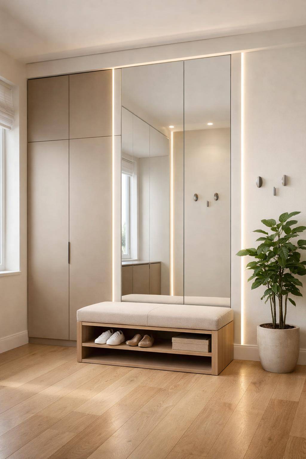 Ideen für Garderobe im Flur- Platziere Spiegel für größeren Raumeindruck