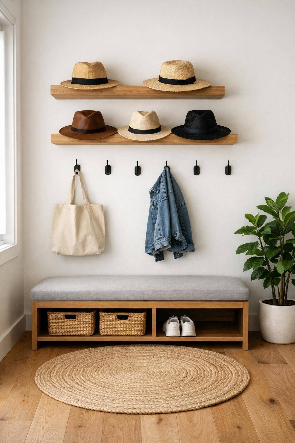 Ideen für Garderobe im Flur- Probiere schwebende Regalbretter für Mützen aus