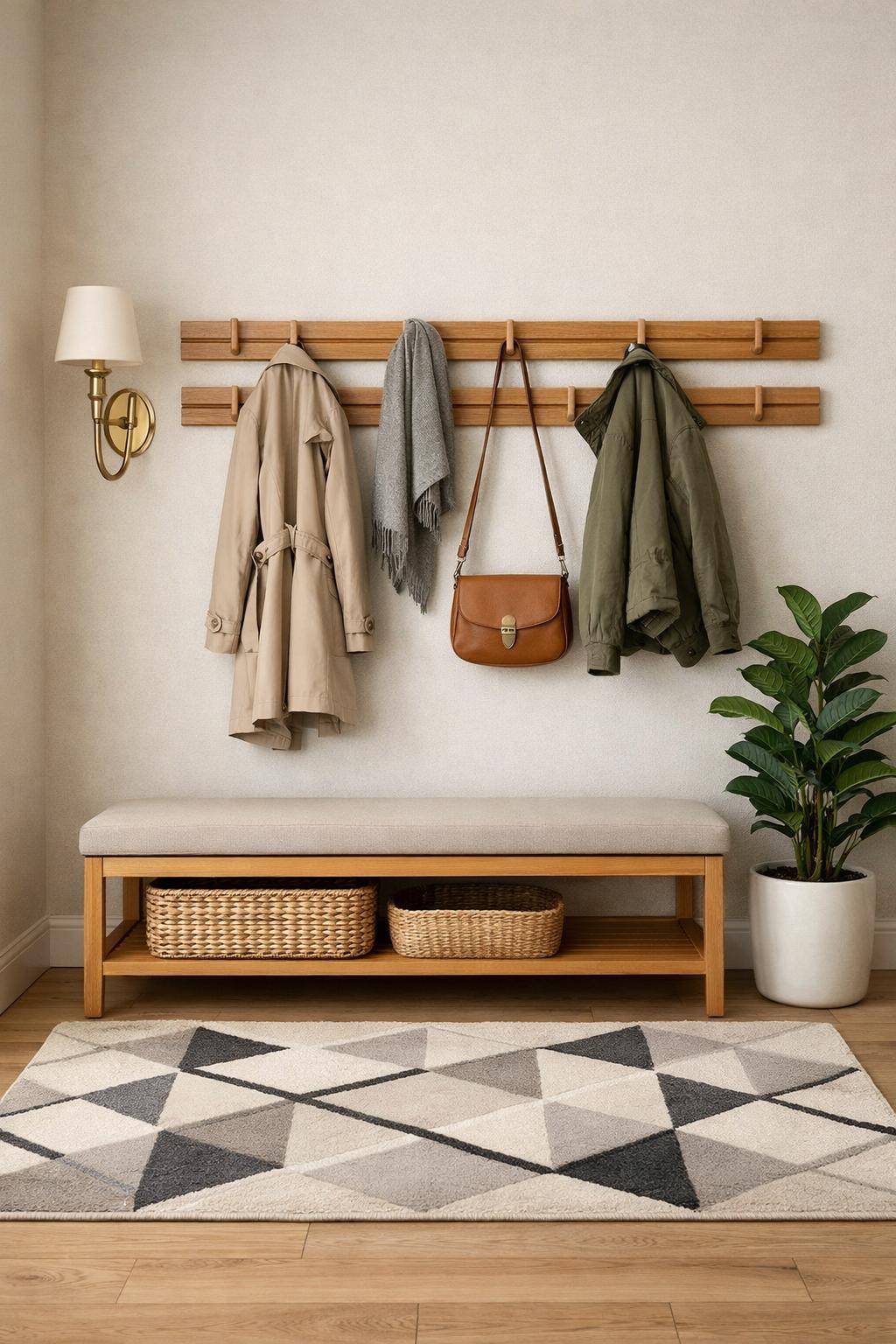 Ideen für Garderobe im Flur- Setze auf Hakenleisten für flexible Jackenaufhängung