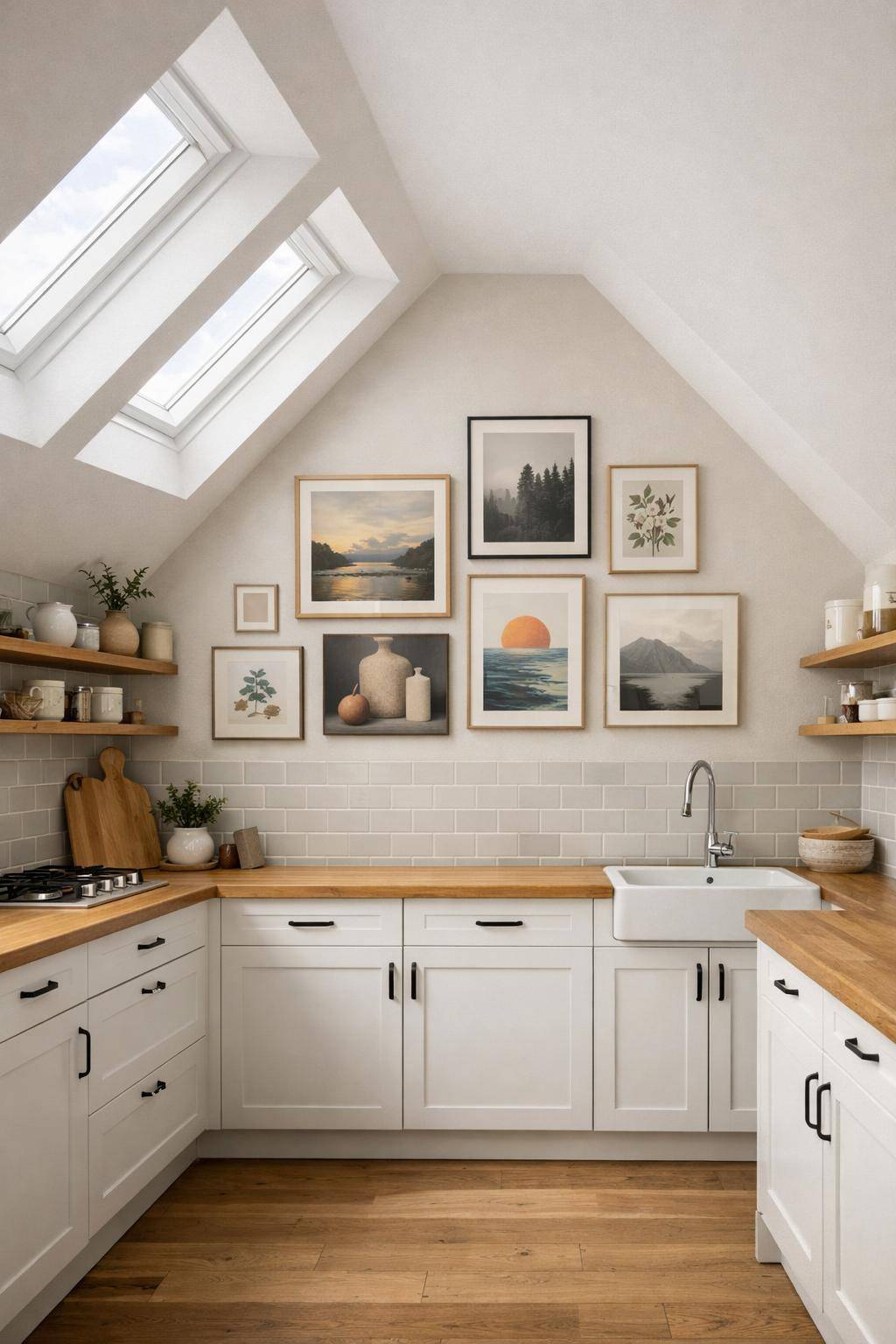 Ideen für Küchen mit Dachschrägen- Arrangiere Bilder und Prints als Blickfang