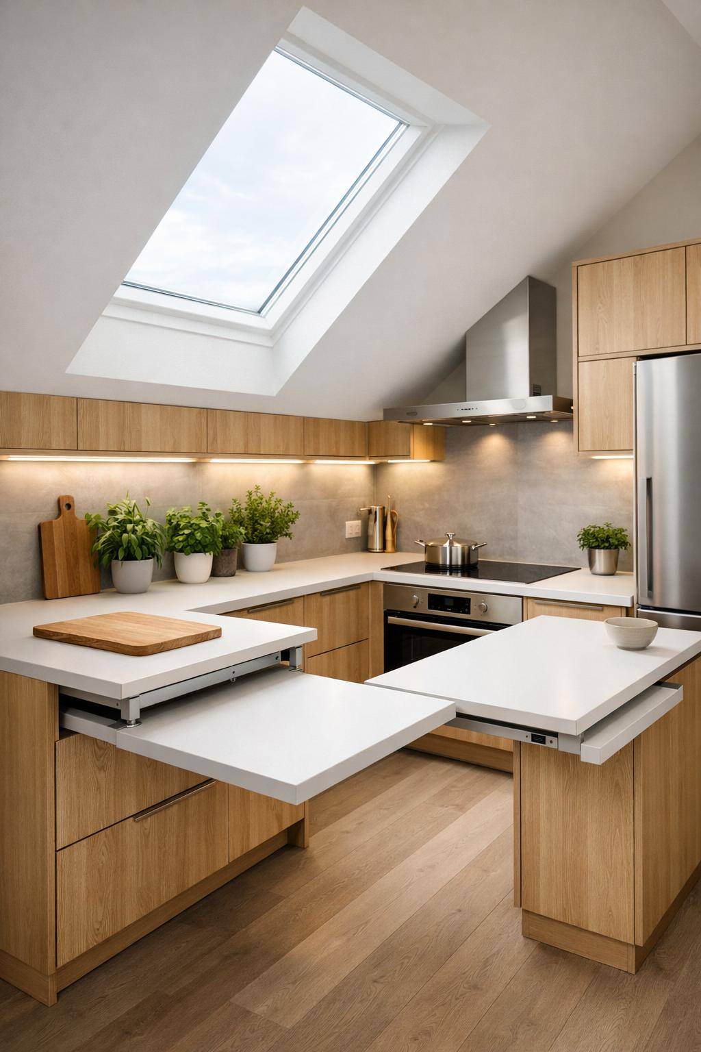Ideen für Küchen mit Dachschrägen- Erweitere die Arbeitsfläche mit ausziehbaren Elementen