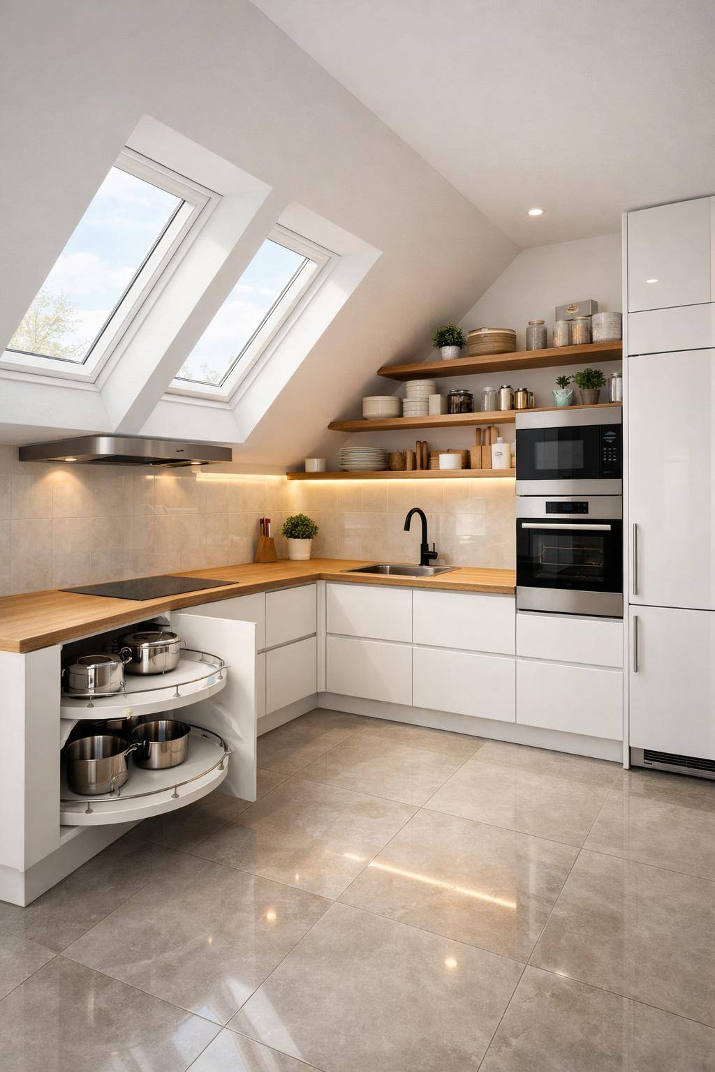 Ideen für Küchen mit Dachschrägen- Nutze clevere Ecklösungen mit Karussellschränken