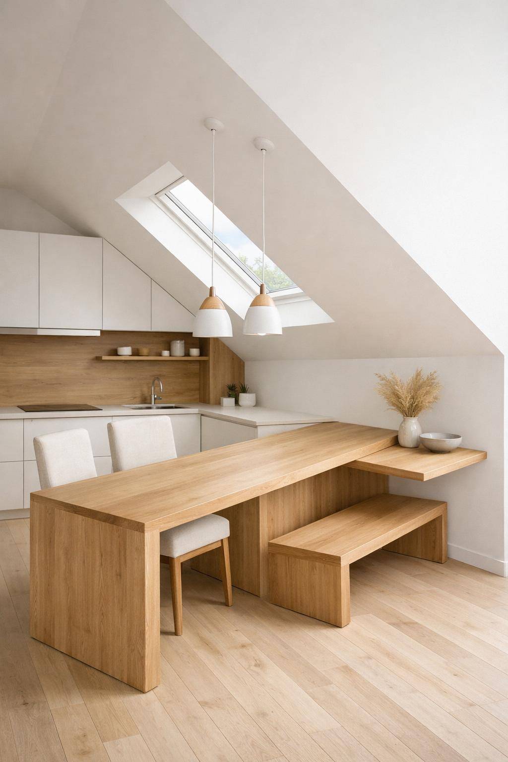 Ideen für Küchen mit Dachschrägen- Passe die Esstischhöhe der Schräge an