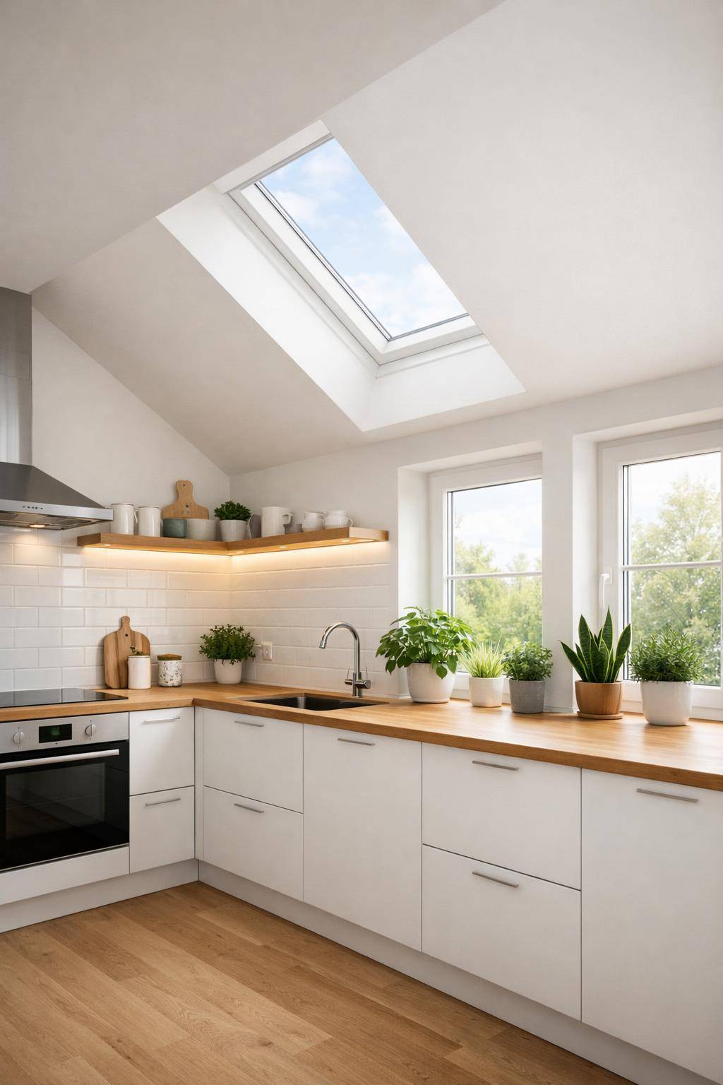 Ideen für Küchen mit Dachschrägen- Platziere Pflanzen auf Fensterbänken für Frische