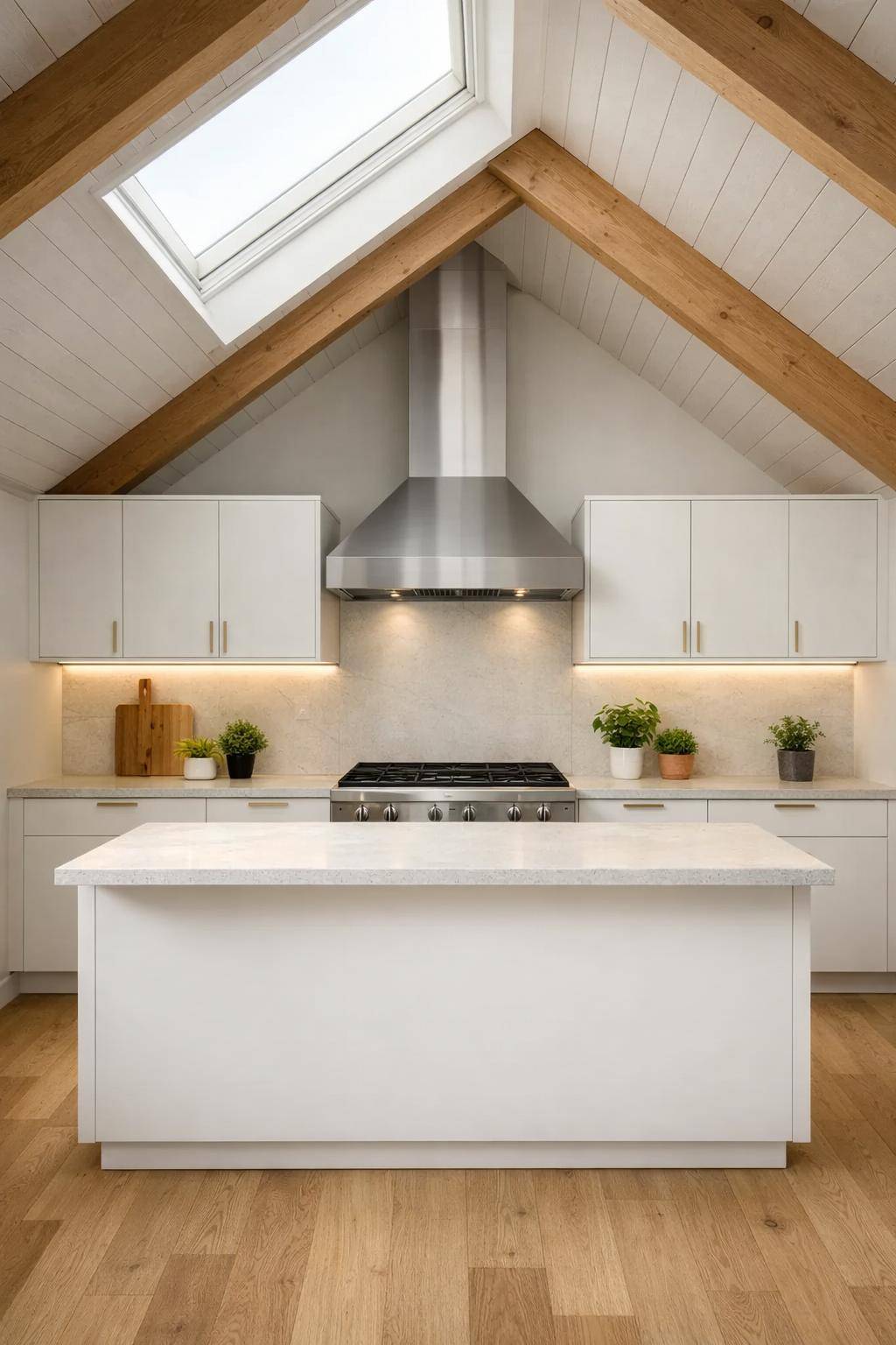 Ideen für Küchen mit Dachschrägen- Positioniere den Herd unter der höchsten Stelle