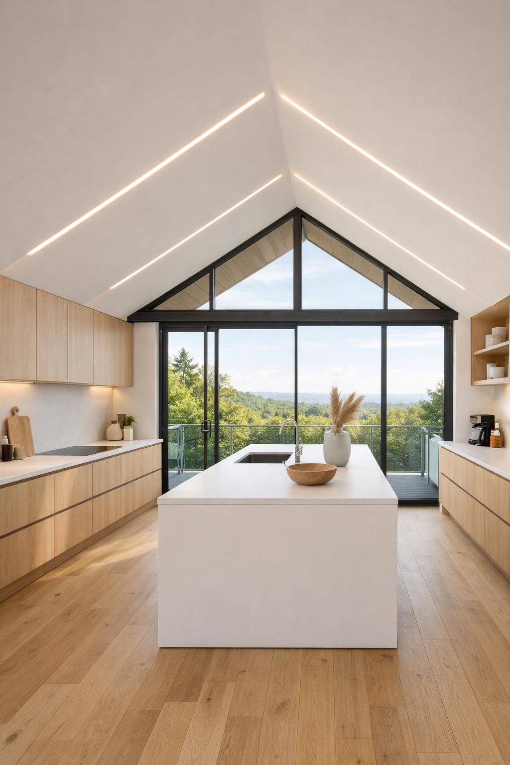 Ideen für Küchen mit Dachschrägen- Setze Glasfronten für einen offenen Look ein