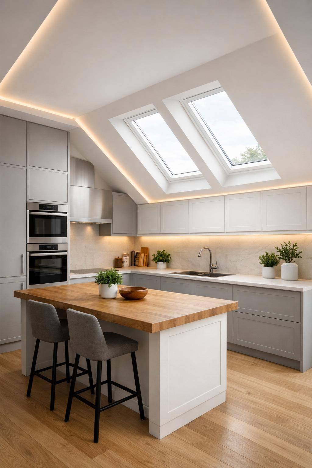 Ideen für Küchen mit Dachschrägen- Setze LED-Leisten für indirekte Beleuchtung ein