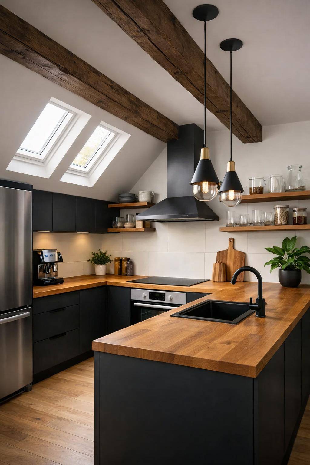 Ideen für Küchen mit Dachschrägen- Spiele mit kontrastreichen Materialien und Oberflächen