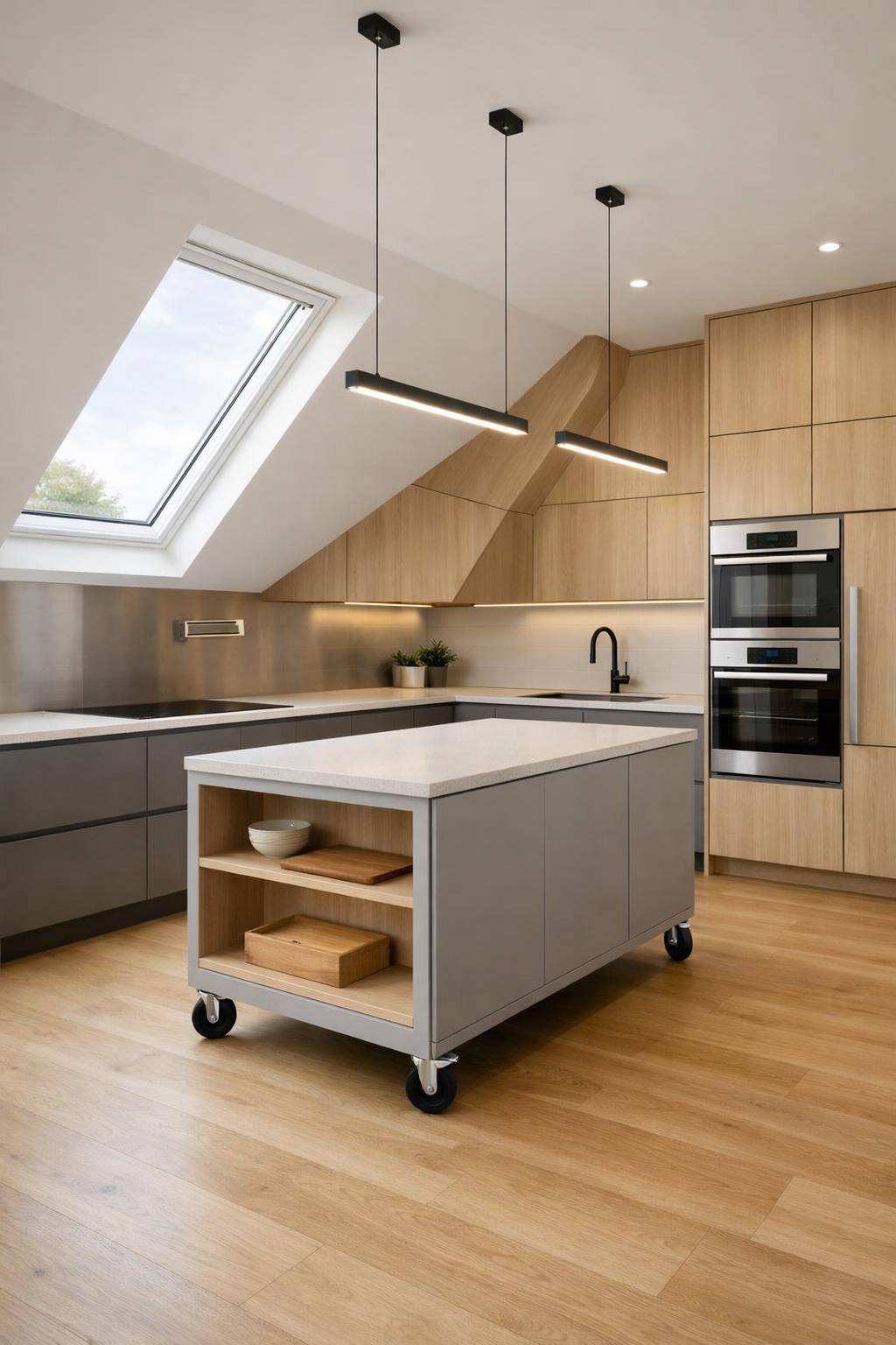 Ideen für Küchen mit Dachschrägen- Verwende mobile Kücheninseln für Beweglichkeit