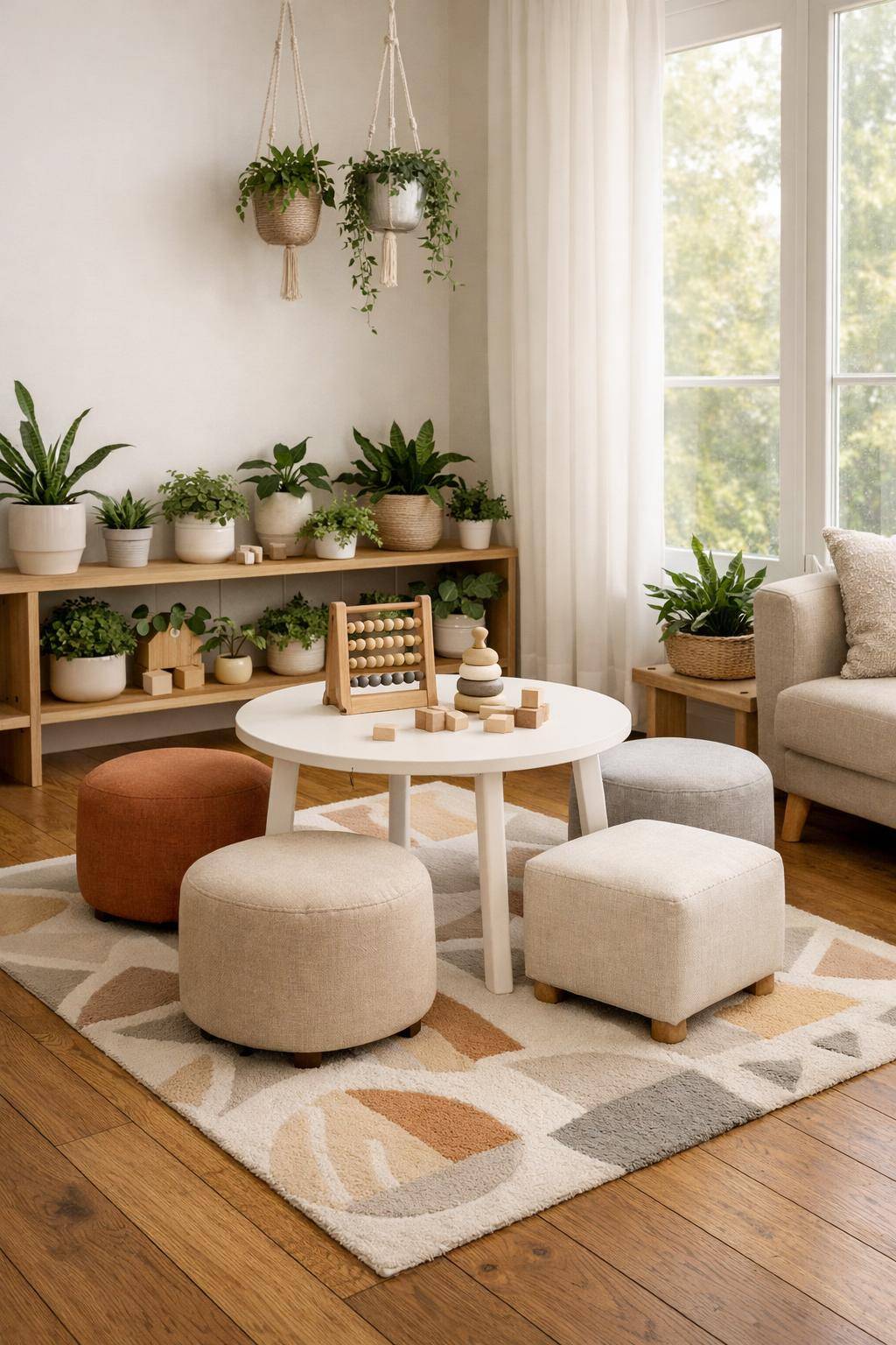 Ideen für Spielecken im Wohnzimmer- Füge kleine Pflanzen für eine grüne Oase hinzu