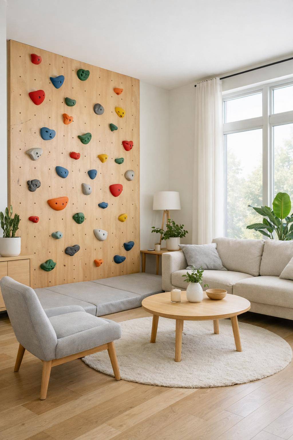 Ideen für Spielecken im Wohnzimmer- Hänge eine Kletterwand für Bewegung auf