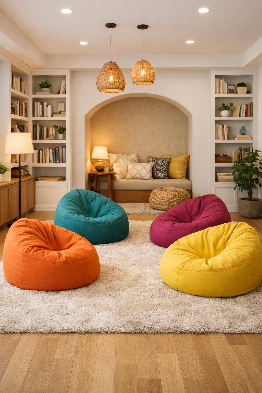 Ideen für Spielecken im Wohnzimmer- Integriere Sitzsäcke für flexible Spiellandschaften