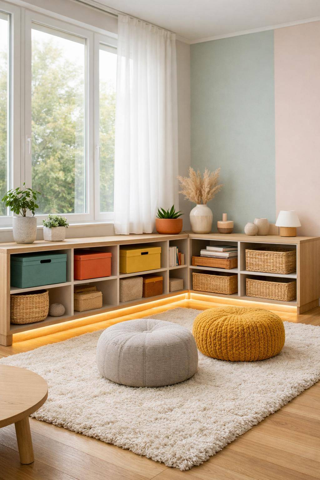 Ideen für Spielecken im Wohnzimmer- Platziere bunte Kisten für Spielzeugorganisation