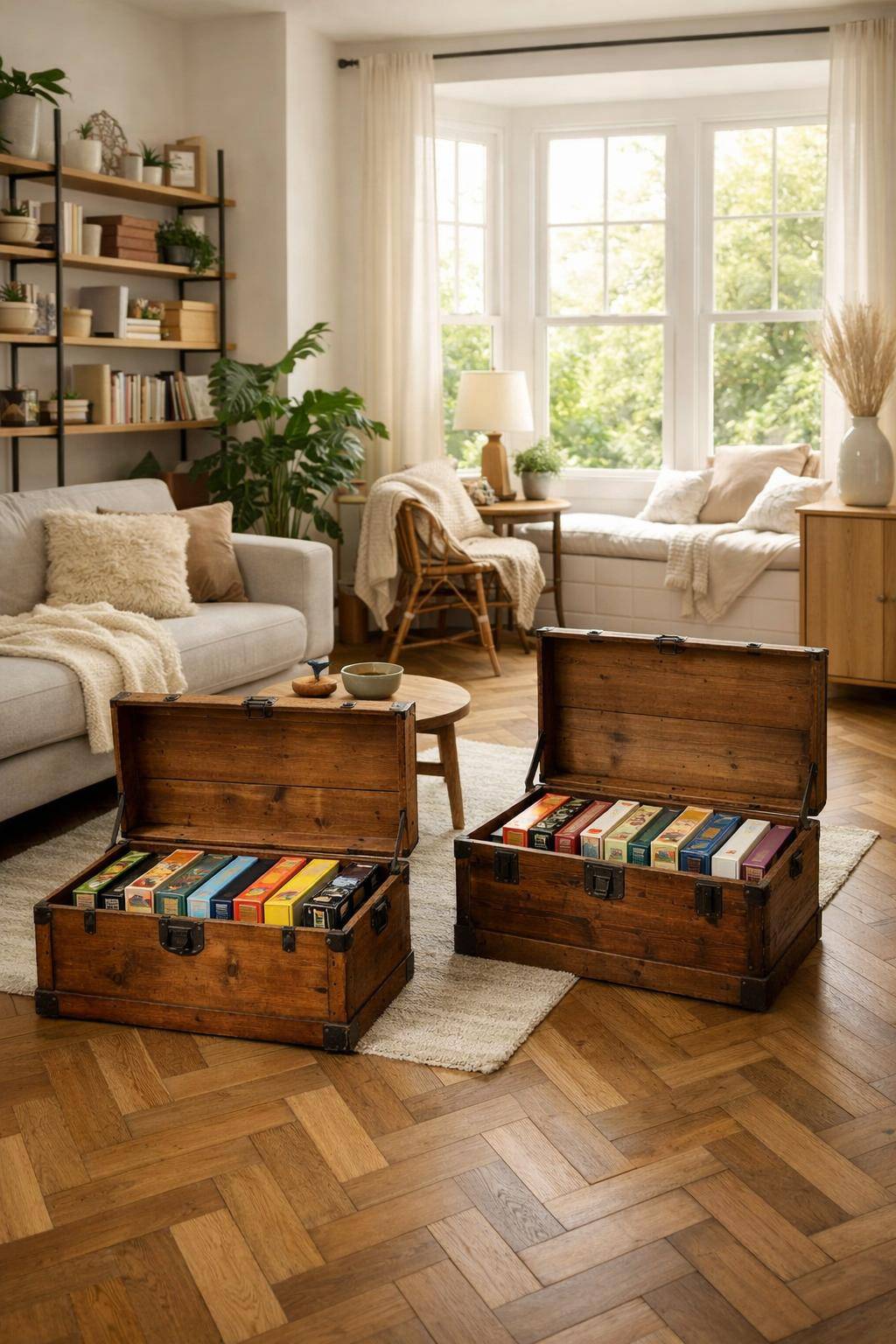 Ideen für Spielecken im Wohnzimmer- Sammle Brettspiele in offenen Truhen