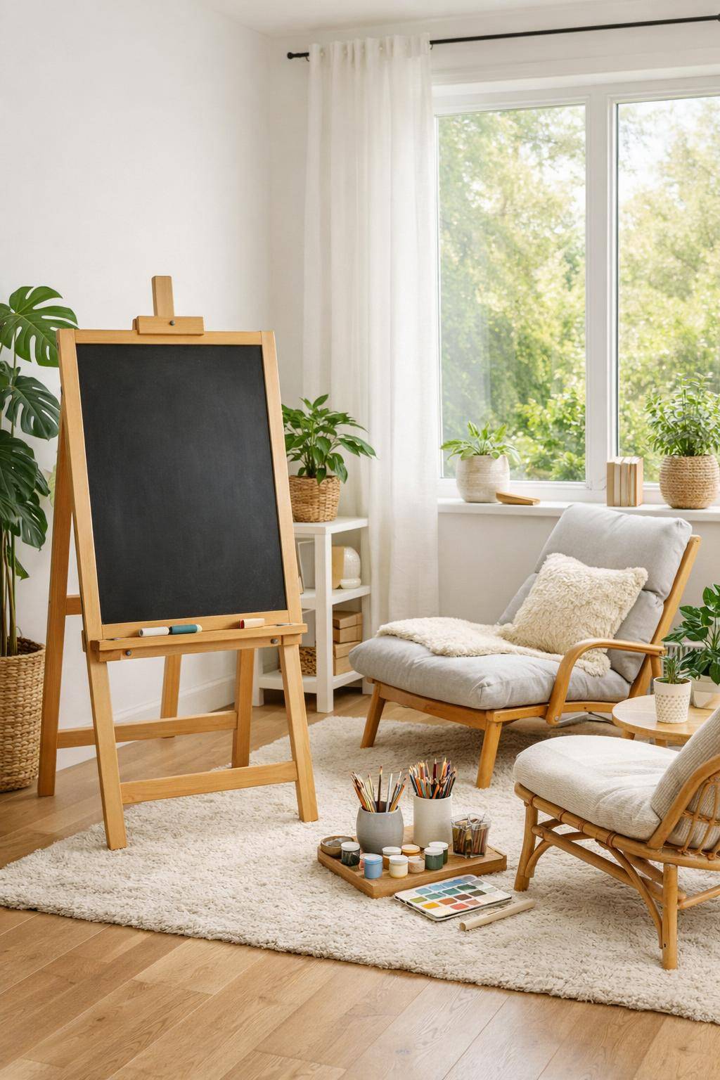 Ideen für Spielecken im Wohnzimmer- Stell eine Maltafel für spontane Kunst auf