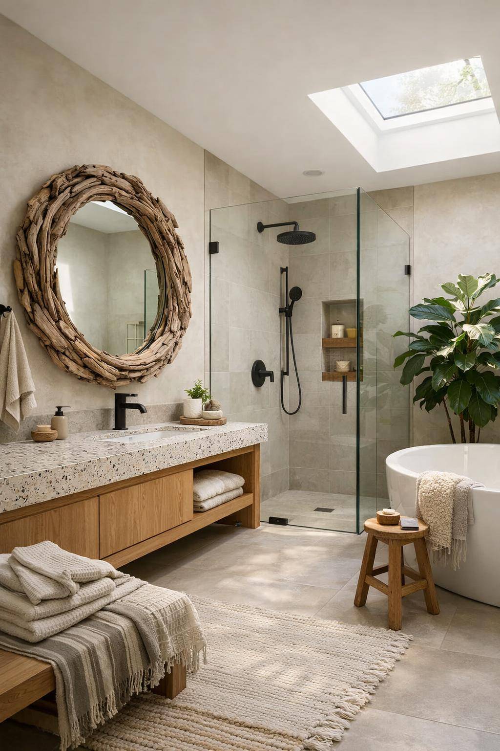 Inspiration: Badezimmer nachhaltig gestalten- Verziere Spiegel mit Treibholz oder Naturmaterialien