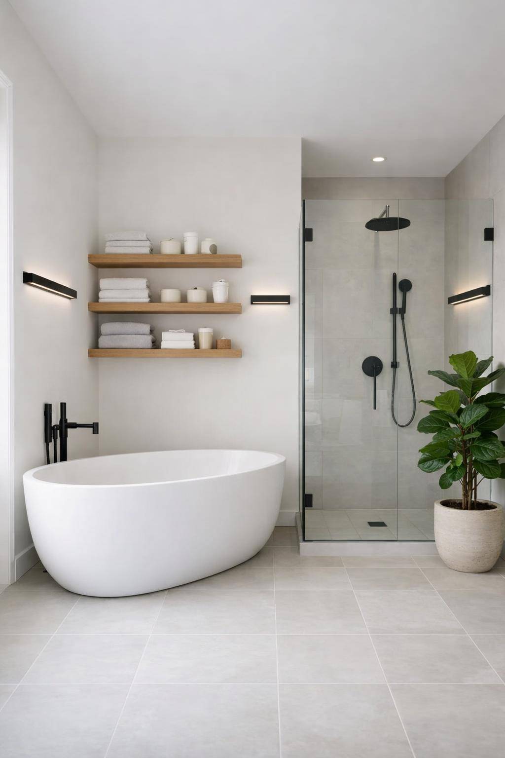 Inspiration: Badezimmer skandinavisch gestalten- Arrangiere offene Regale für entspannte Ordnung