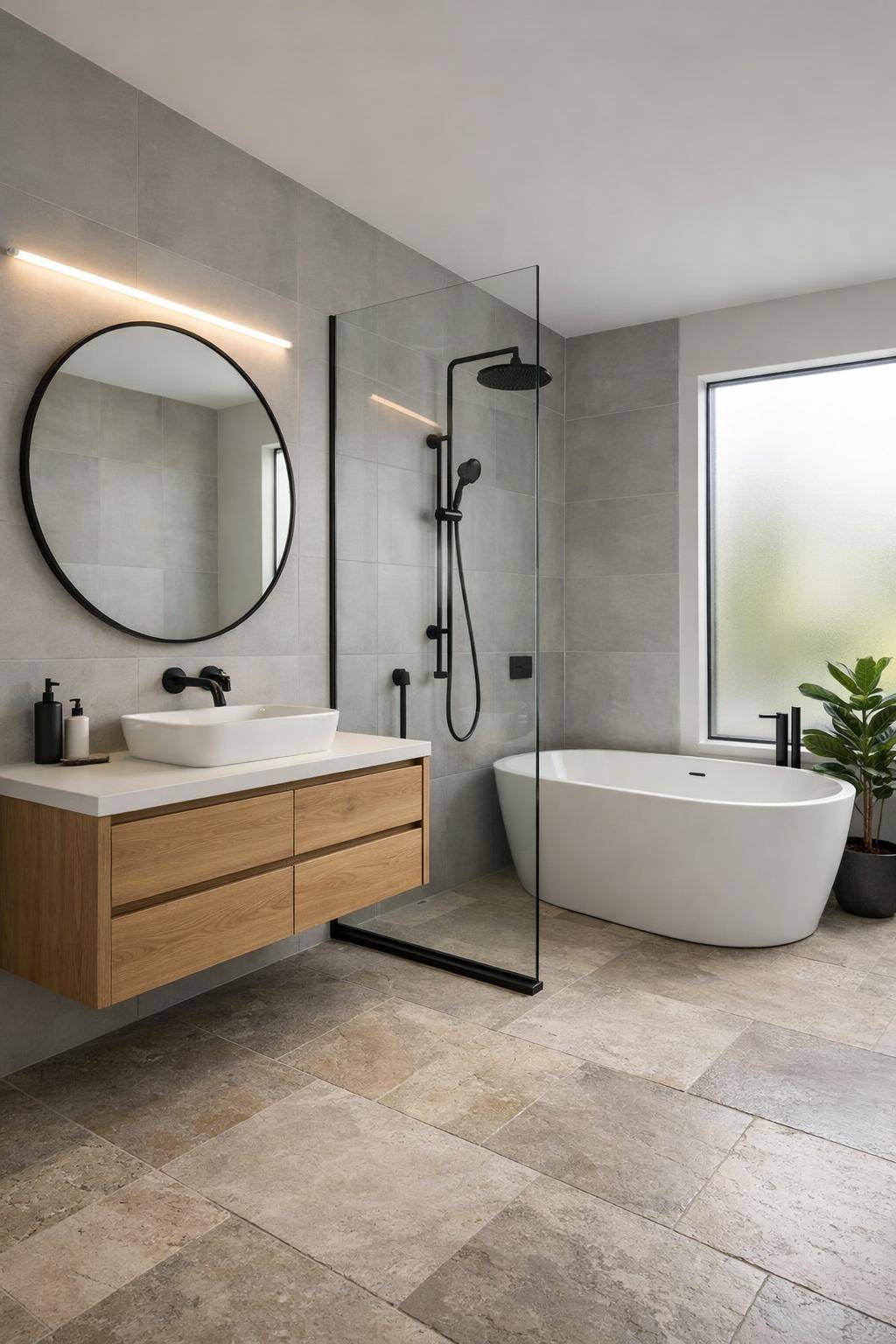 Inspiration: Badezimmer skandinavisch gestalten- Nutze runde Spiegel für harmonische Akzente