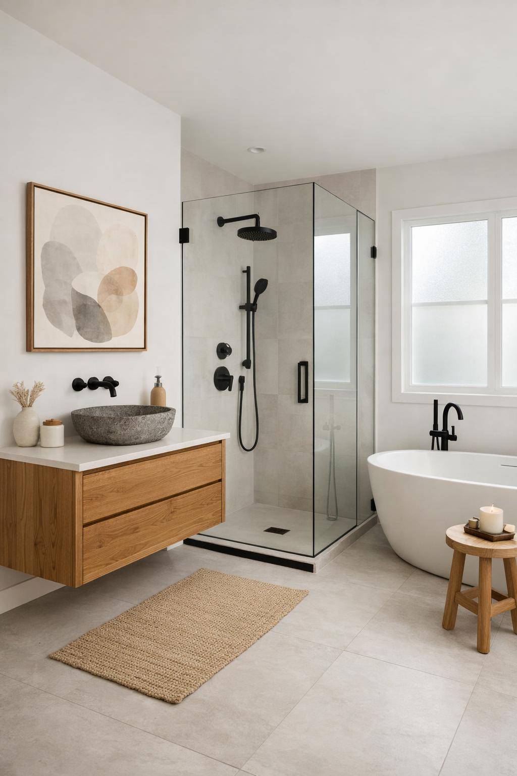 Inspiration: Badezimmer skandinavisch gestalten- Setze auf dezente Kunst an den Wänden