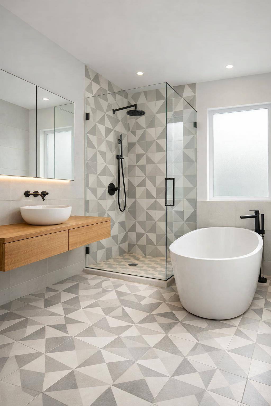 Inspiration: Badezimmer skandinavisch gestalten- Spiele mit geometrischen Mustern bei Fliesen