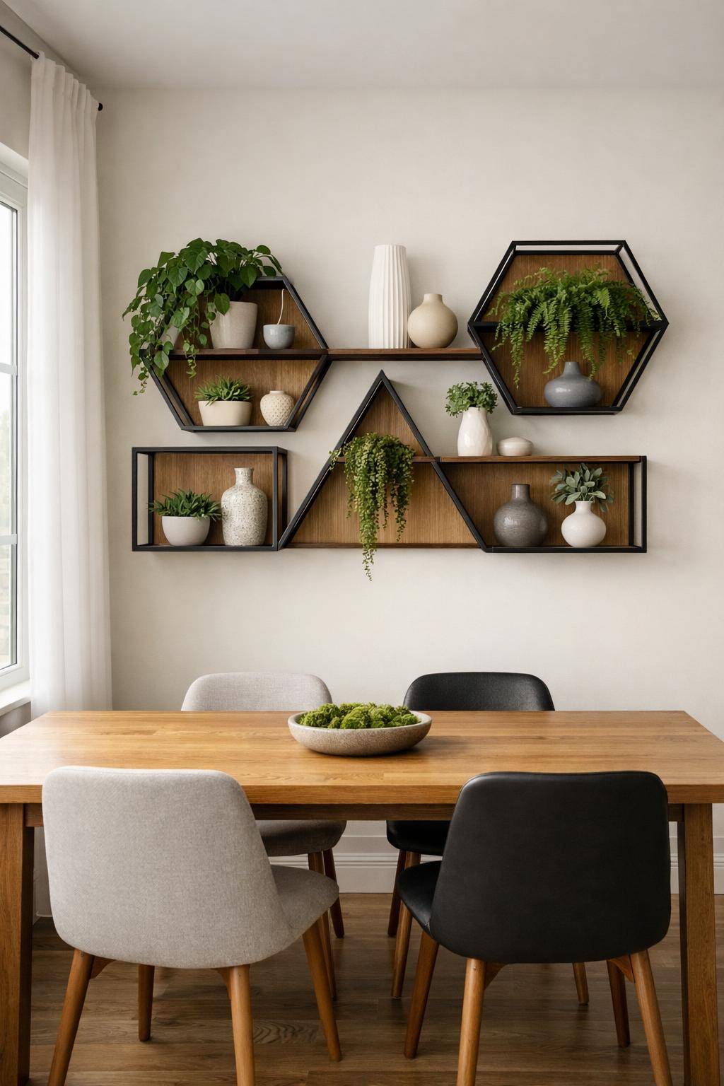 Inspiration: Wanddeko fürs Esszimmer- Setze auf geometrische Wandregale mit Pflanzen