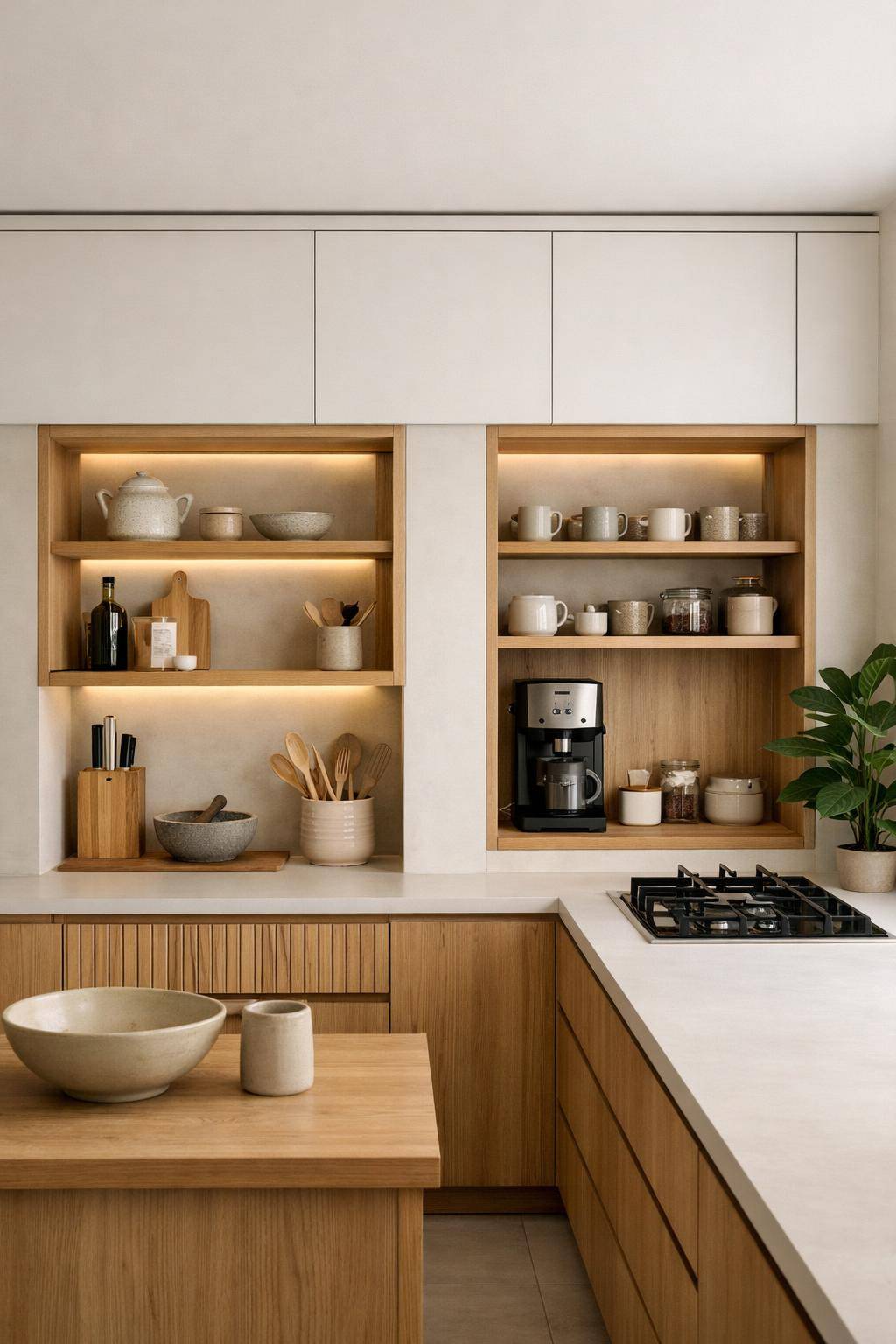 Küche im Japandi-Stil- Baue funktionale Küchennischen für Zubehör