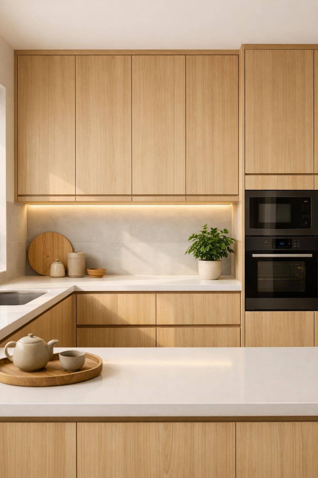 Küche im Japandi-Stil- Ersetze Griffe durch Griffmulden für Ruhe