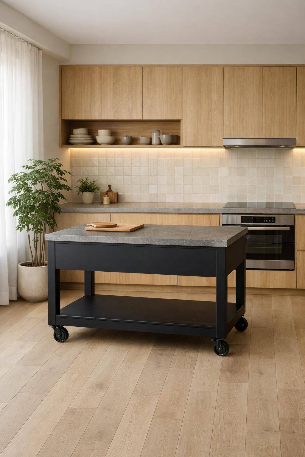 Küche im Japandi-Stil- Erweitere Arbeitsfläche durch mobile Inseln