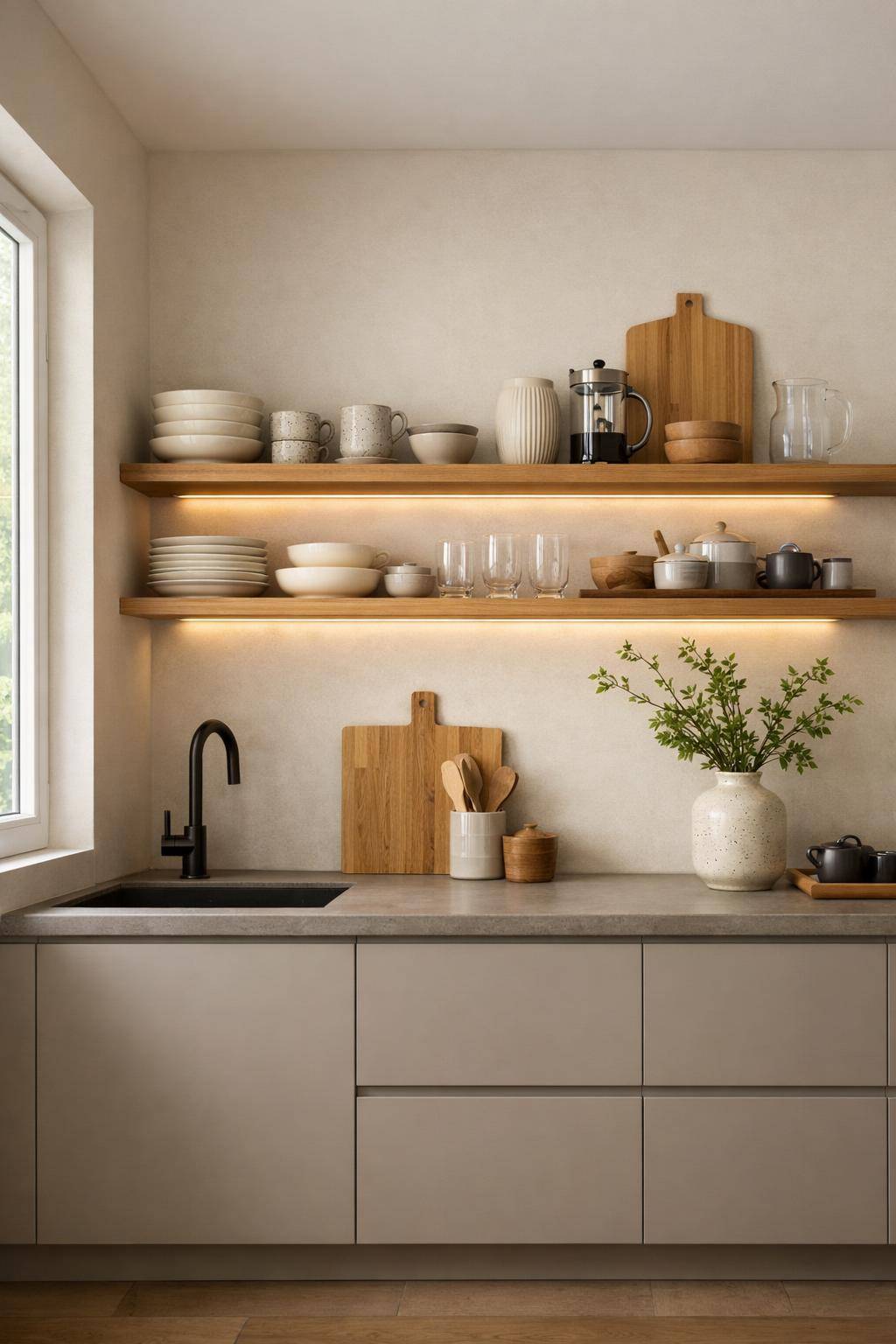 Küche im Japandi-Stil- Integriere offene Regale für ruhige Optik