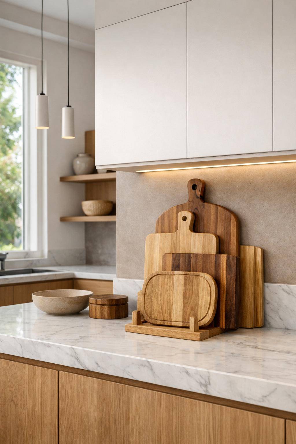 Küche im Japandi-Stil- Lege Wert auf hochwertige Schneidebretter aus Holz