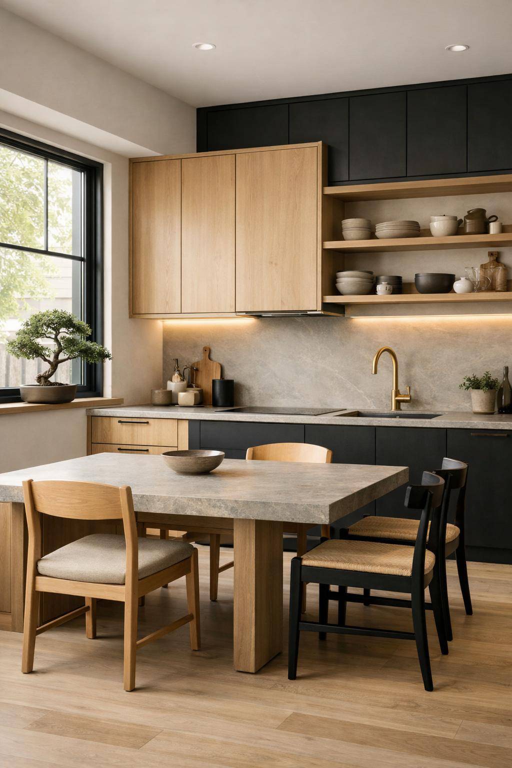 Küche im Japandi-Stil- Mixe helle und dunkle Farbtöne harmonisch
