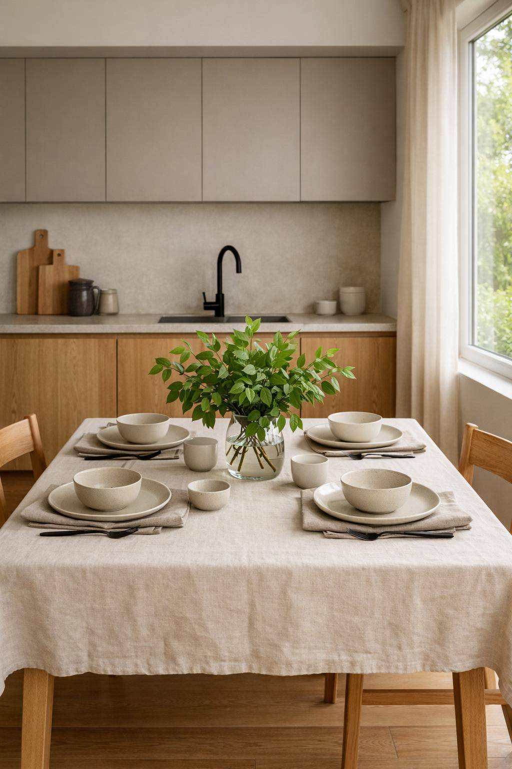 Küche im Japandi-Stil- Pflege dezente Textilien wie Leinen am Tisch