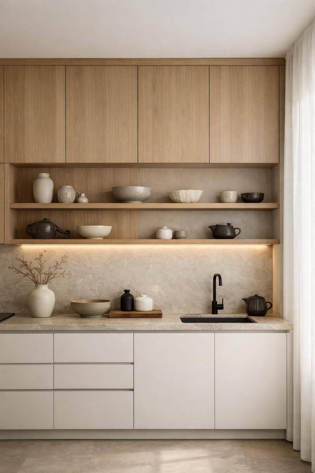 Küche im Japandi-Stil- Platziere filigrane Keramik als Blickfang