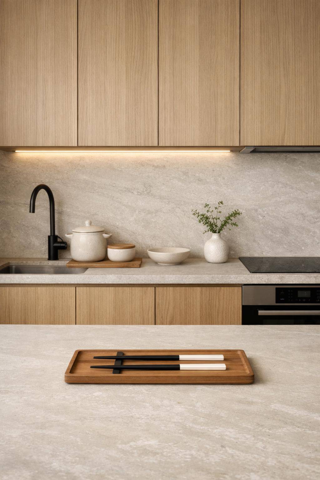 Küche im Japandi-Stil- Schenke kleinen Details wie Essstäbchen Aufmerksamkeit