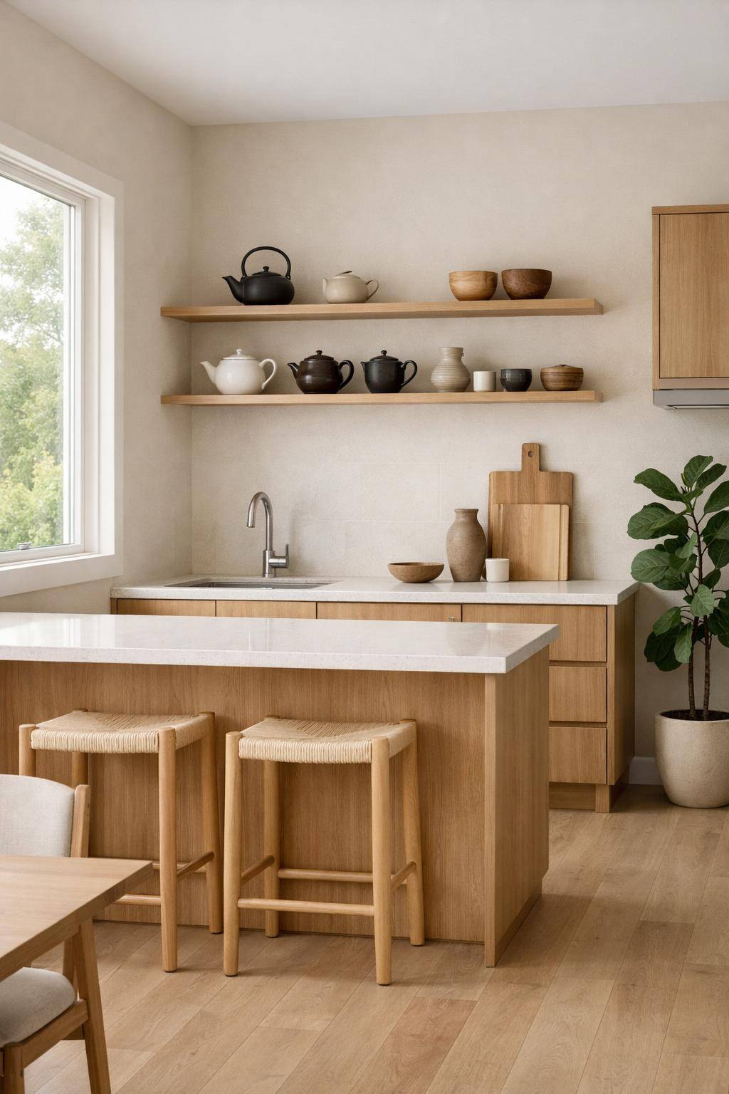 Küche im Japandi-Stil- Stelle japanische Teekannen dekorativ aus