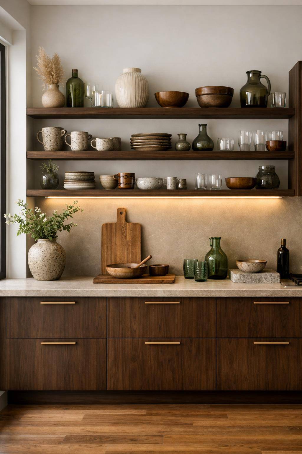 Küche mit dunklem Holz- Dekoriere mit handgemachter Keramik und Gläsern