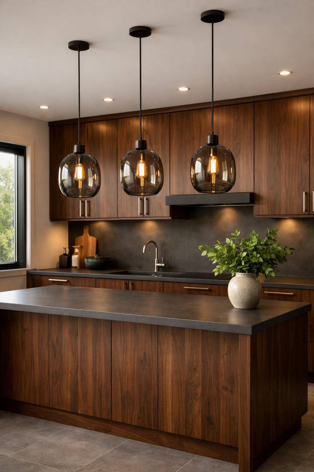 Küche mit dunklem Holz- Hänge elegante Pendelleuchten aus Rauchglas auf