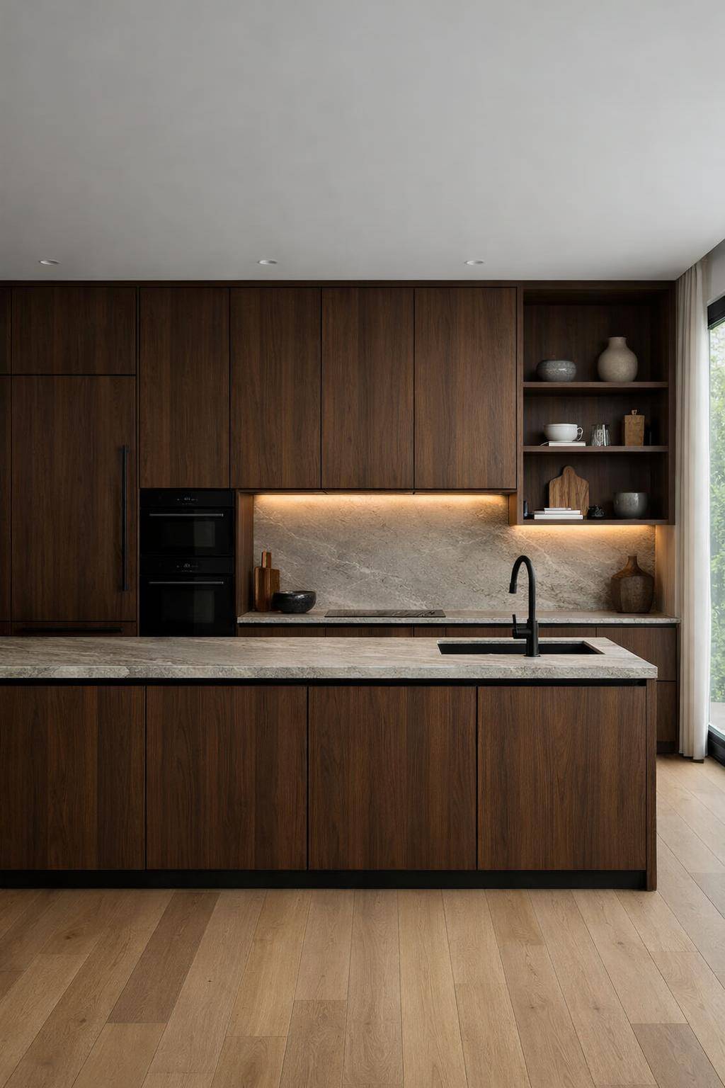 Küche mit dunklem Holz- Nutze versteckten Stauraum für minimalistische Ordnung