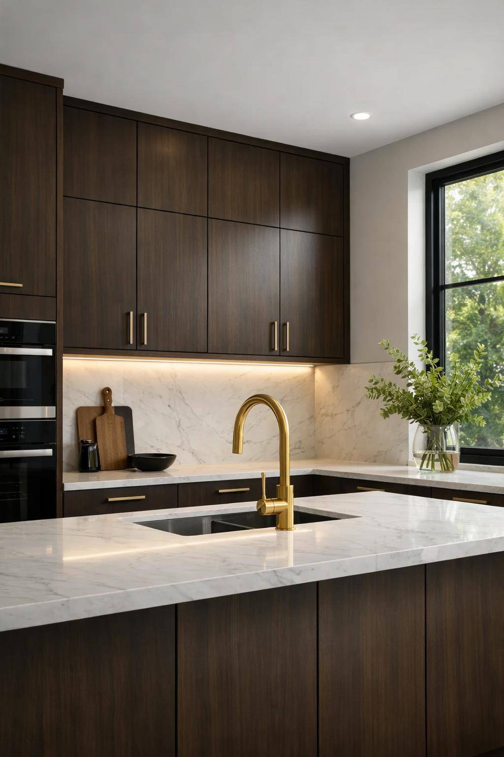 Küche mit dunklem Holz- Setze auf goldene Armaturen für Eleganz