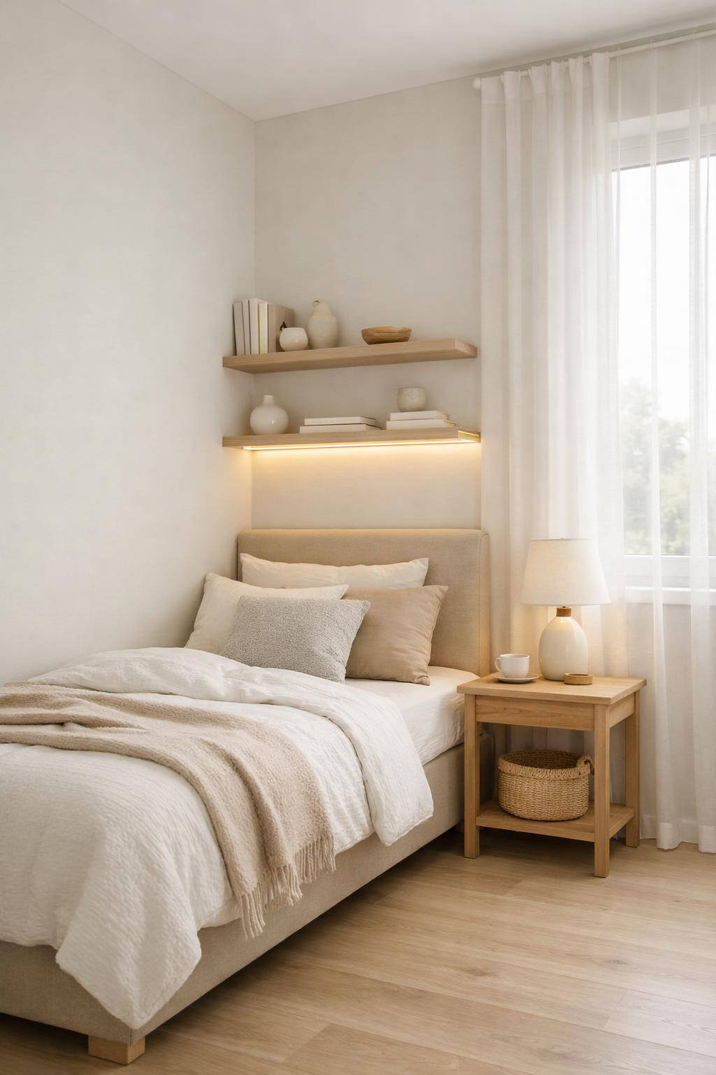 Kleines Gästezimmer einrichten- Integriere schlanke Regale an Wänden