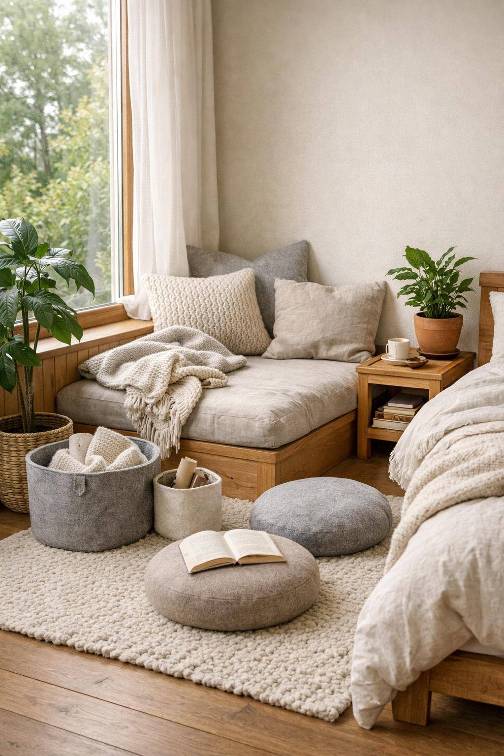 Schlafzimmer mit Naturmaterialien- Baue eine Leseecke mit Filz-Accessoires ein