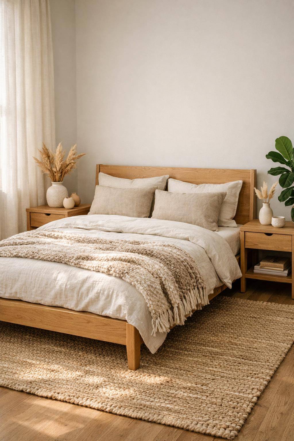 Schlafzimmer mit Naturmaterialien- Betone dein Bett mit Leinenkissen in Naturfarben