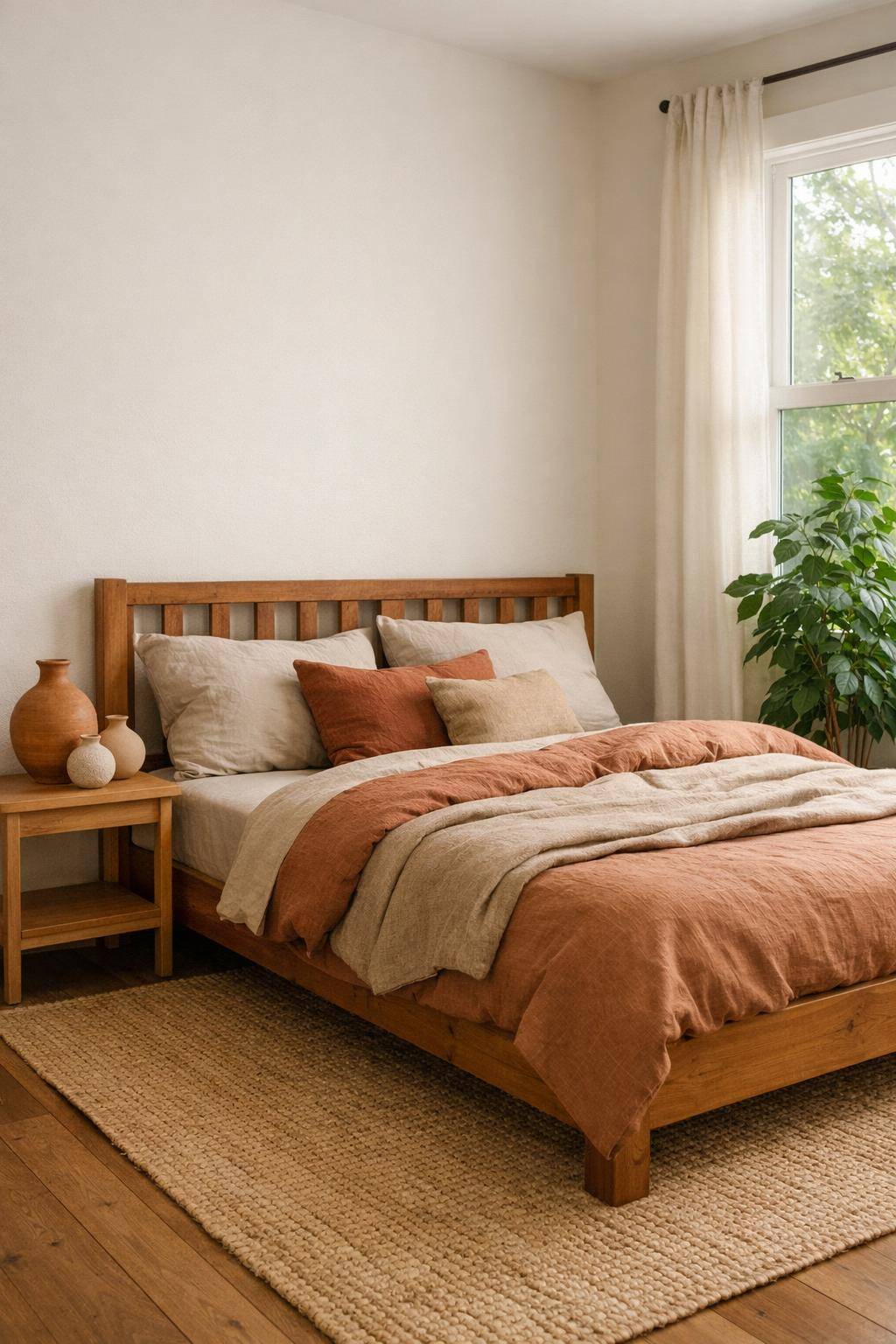 Schlafzimmer mit Naturmaterialien- Genieße handgefertigte Ton-Vasen neben dem Bett