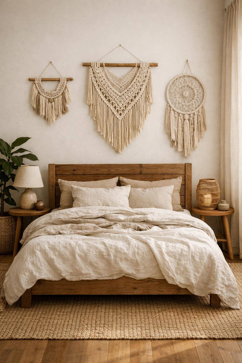 Schlafzimmer mit Naturmaterialien- Hänge Makramee-Dekorationen für Boho-Atmosphäre auf