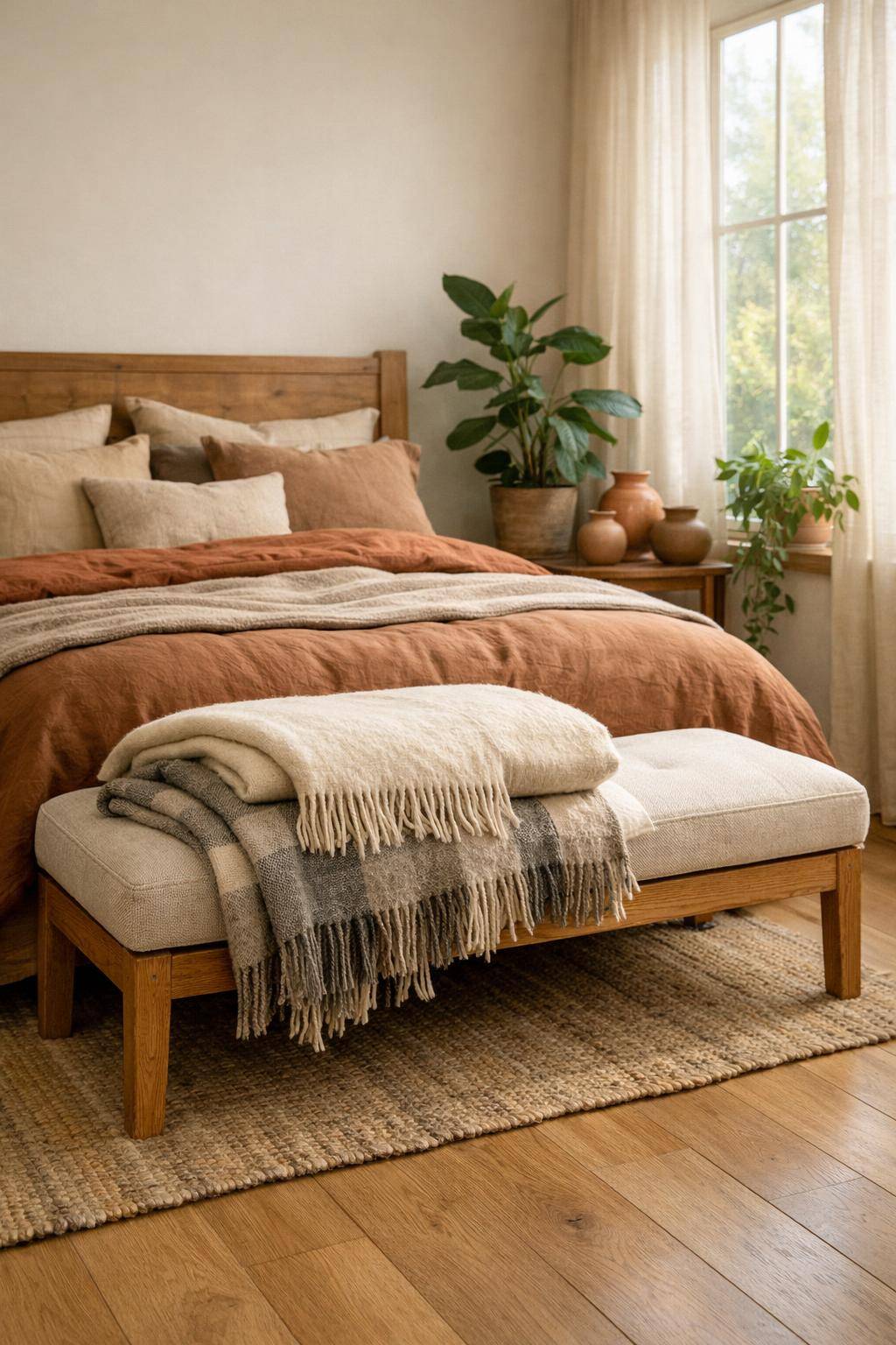 Schlafzimmer mit Naturmaterialien- Lege kuschelige Wolldecken über den Betthocker