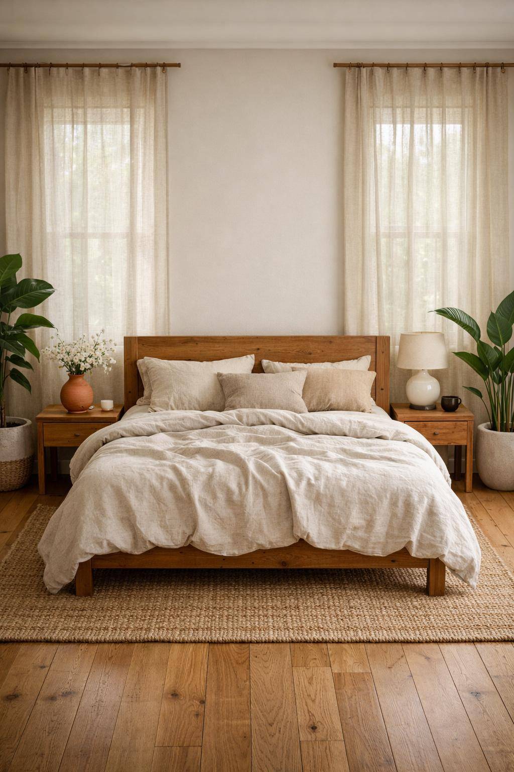Schlafzimmer mit Naturmaterialien- Nutze Vorhänge aus Hanf für sanftes Licht