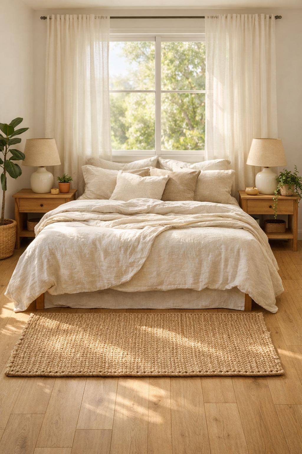 Schlafzimmer mit Naturmaterialien- Positioniere einen gewebten Teppich aus Jute vor dem Bett