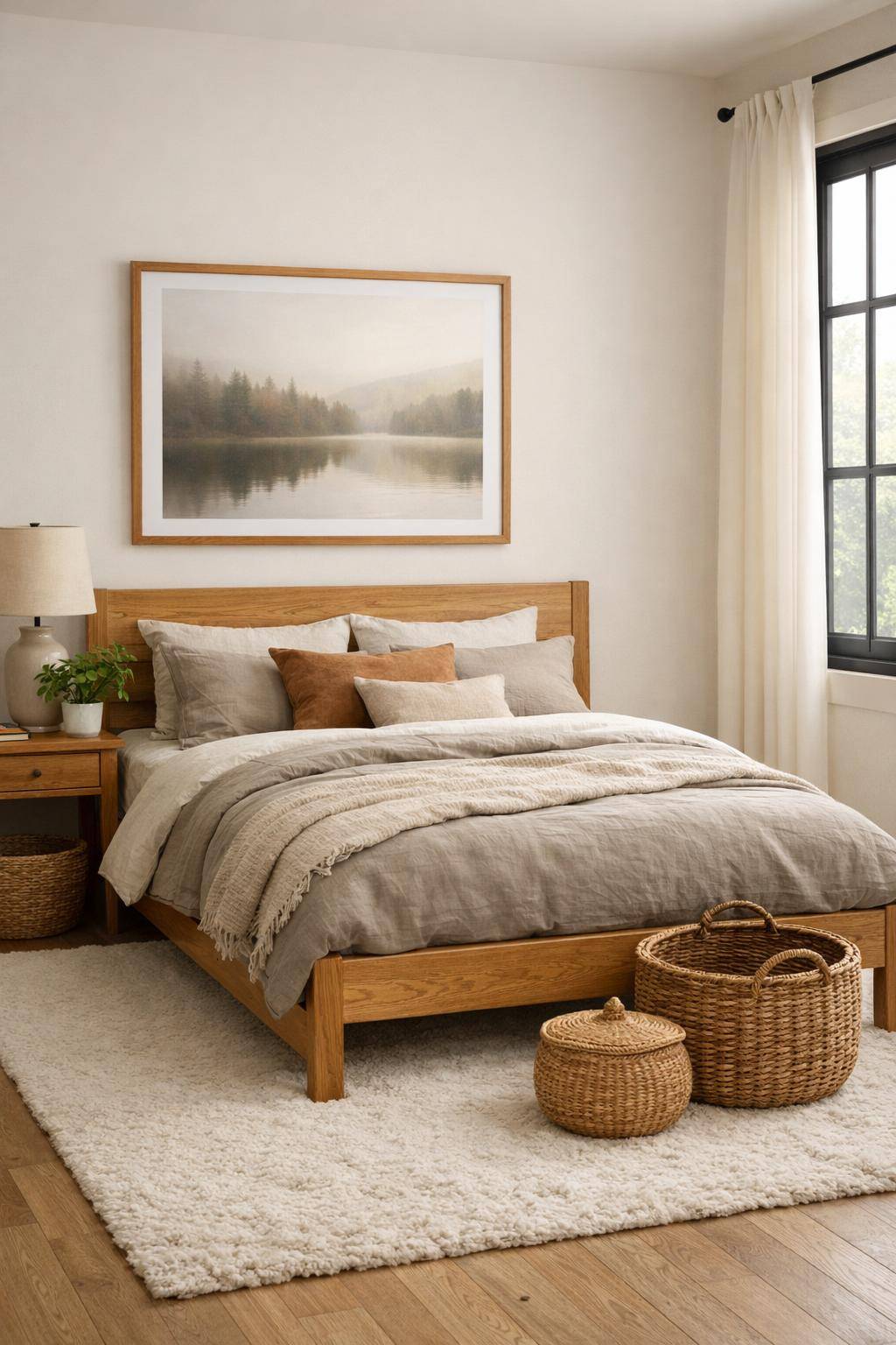 Schlafzimmer mit Naturmaterialien- Schaffe Ruhe mit abstrakter Naturfotografie an den Wänden