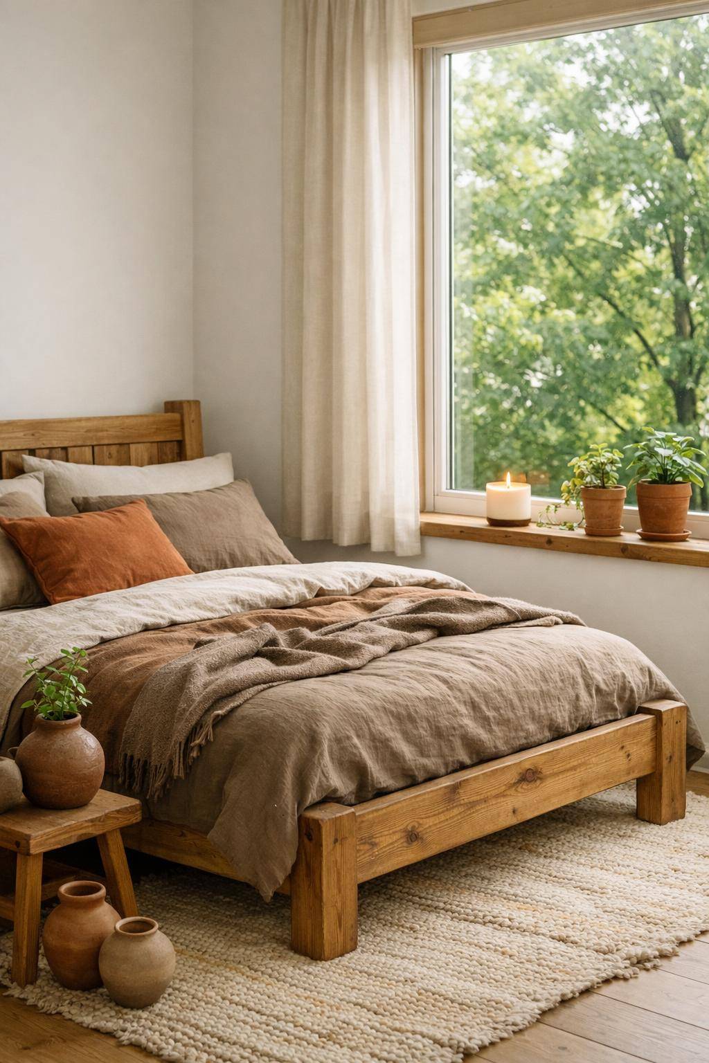 Schlafzimmer mit Naturmaterialien- Stelle eine Duftkerze aus Sojawachs ans Fenster